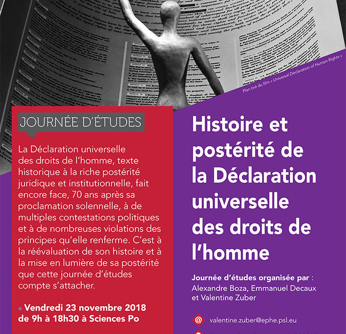 23 novembre 2018 – Journée d’étude : “Histoire et postérité de la Déclaration Universelle des droits de l’homme”