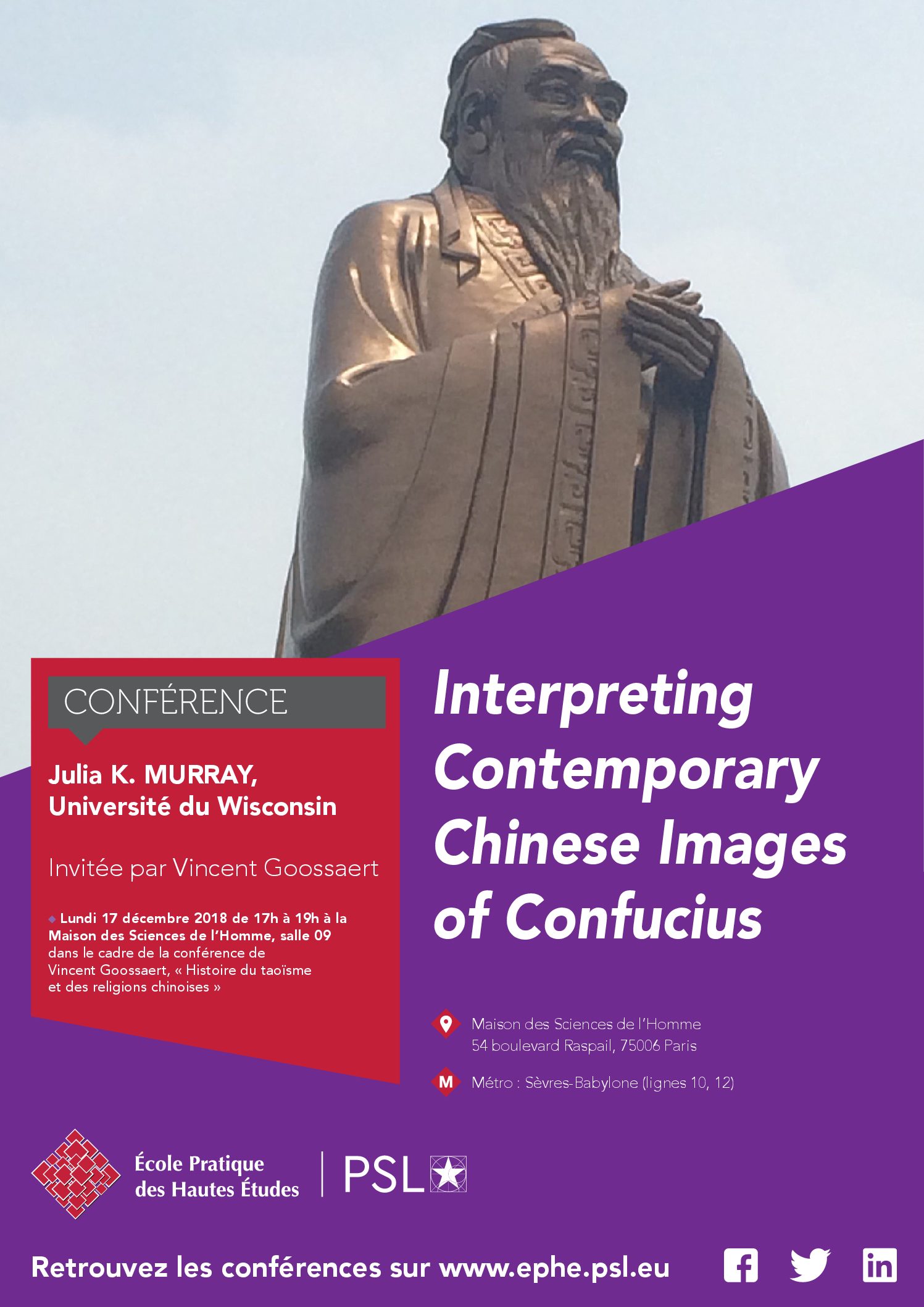 Lundi 17 décembre 2018 – Conférence : “Interpreting Contemporary Chinese Images of Confucius”