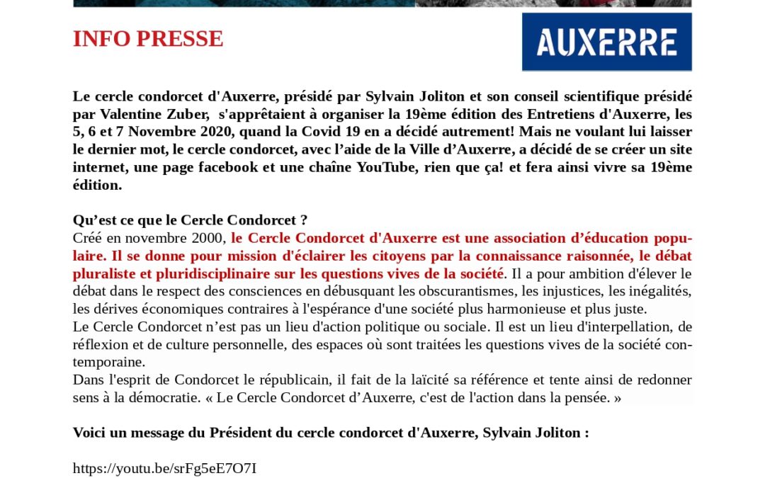 Mercredi 4 novembre 2020 – Les entretiens d’Auxerre 5-6-7 novembre 2020
