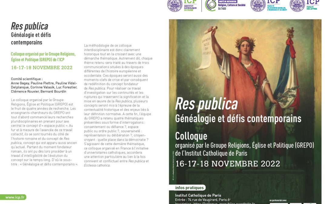 Colloque international – Philippe Portier et Corinne Valasik  au colloque “Res publica. Généalogie et défis contemporains” – 16 au 18 novembre 2022
